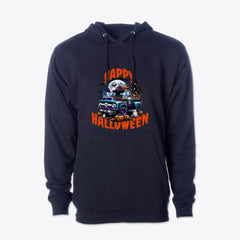 Ford F-1, Happy Halloween, Mid-Weight Hooded Sweatshirt - Spooky Vintage Truck & Haunted House