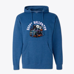 Vintage Ford Truck, Happy Halloween, Mid-Weight Hooded Sweatshirt - Spooky Haunted Night