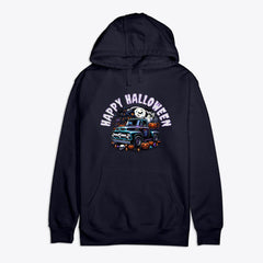 Vintage Ford Truck, Happy Halloween, Premium Cotton Hoodie - Spooky Festive Scene