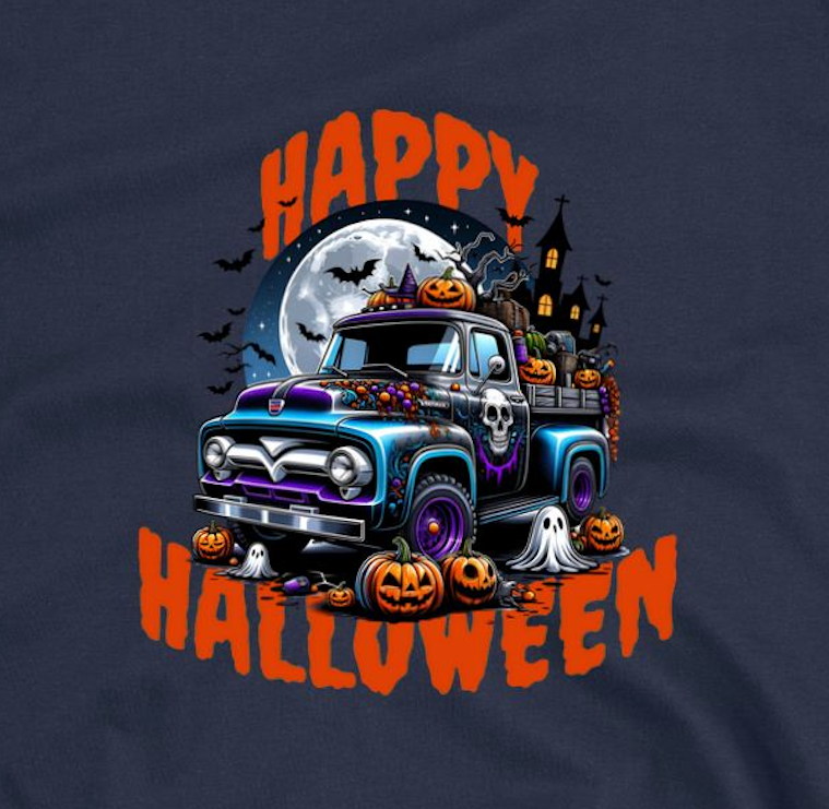 Ford F-1, Happy Halloween, Mid-Weight Hooded Sweatshirt - Spooky Vintage Truck & Haunted House