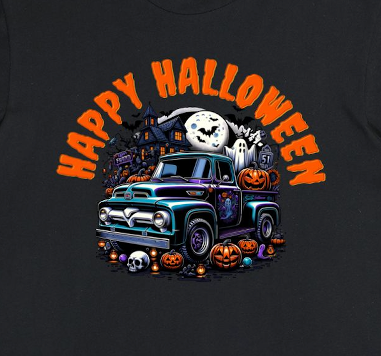 Vintage Ford Truck, Happy Halloween Hooded Sweatshirt - Spooky Festive Scene